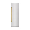 ZLINE Autograph Edition 30 in. 16.7 cu. ft. Column Refrigerator in Satin Stainless Steel with Graphite Gray Interior and Champagne Bronze Accents (RCRVZ-SN-30-CB) front, closed.
