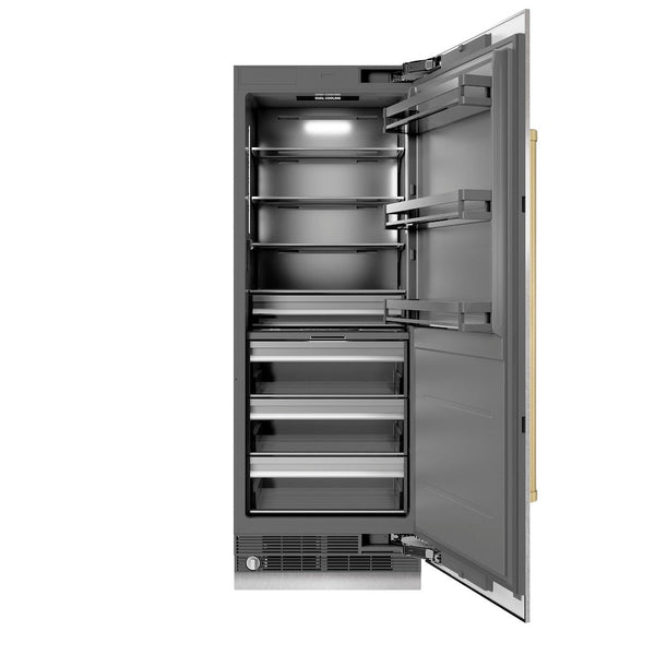 ZLINE Autograph Edition 30 in. 16.7 cu. ft. Column Refrigerator in Satin Stainless Steel with Graphite Gray Interior and Champagne Bronze Accents (RCRVZ-SN-30-CB) front, open.