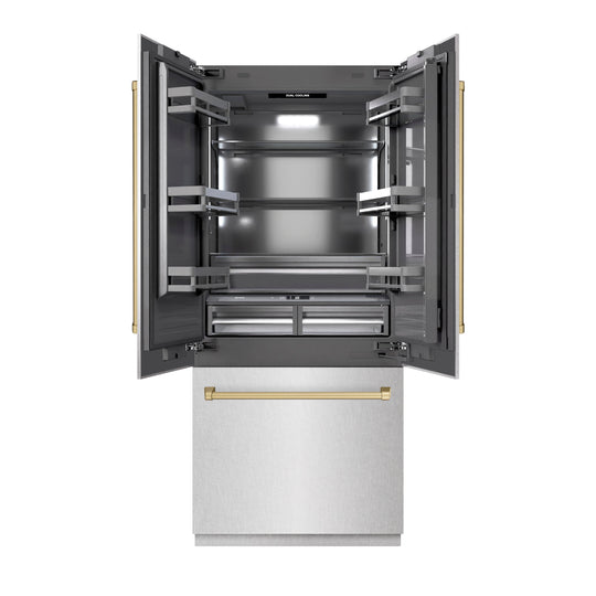 ZLINE Autograph Edition 36 in. 19.6 cu. ft. French Door Built-In Bottom Freezer Refrigerator with Water Dispenser and Ice Maker in Satin Stainless Steel with Graphite Gray Interior and Champagne Bronze Accents (GRBIVZ-SN-36-CB)