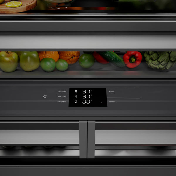 ZLINE Autograph Edition 36 in. 19.6 cu. ft. French Door Built-In Bottom Freezer Refrigerator with Water Dispenser and Ice Maker in DuraSnow® Stainless Steel with Graphite Gray Interior and Polished Gold Accents (GRBIVZ-SN-36-G)