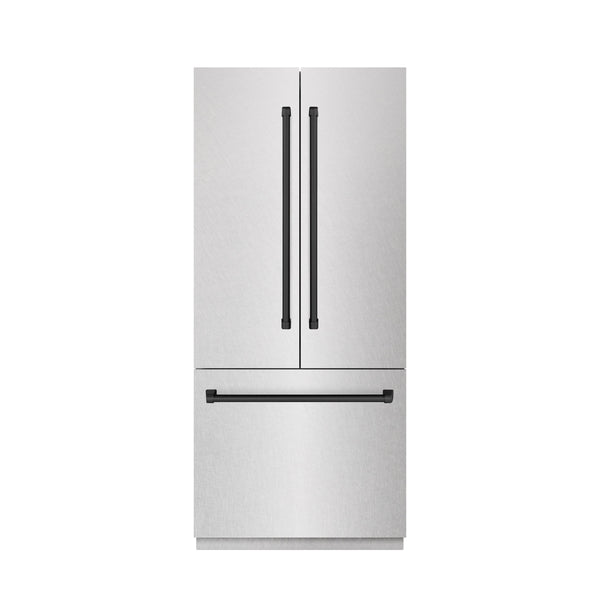 ZLINE Autograph Edition 36 in. 19.6 cu. ft. French Door Built-In Bottom Freezer Refrigerator with Water Dispenser and Ice Maker in Satin Stainless Steel with Graphite Gray Interior and Matte Black Accents (GRBIVZ-SN-36-MB)