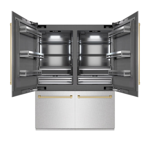 ZLINE Autograph Edition 60 in. 32.2 cu. ft. French Door Built-In Bottom Freezer Refrigerator with Water Dispenser and Ice Maker in DuraSnow® Stainless Steel with Graphite Gray Interior and Champagne Bronze Accents (GRBIVZ-SN-60-CB)