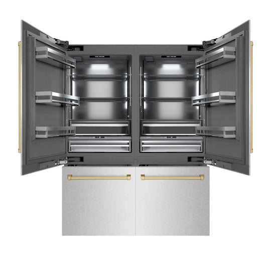 ZLINE Autograph Edition 60 in. 32.2 cu. ft. French Door Built-In Bottom Freezer Refrigerator with Water Dispenser and Ice Maker in Satin Stainless Steel with Graphite Gray Interior and Champagne Bronze Accents (GRBIVZ-SN-60-CB)