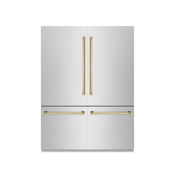 ZLINE Autograph Edition 60 in. 32.2 cu. ft. French Door Built-In Bottom Freezer Refrigerator with Water Dispenser and Ice Maker in DuraSnow® Stainless Steel with Graphite Gray Interior and Polished Gold Accents (GRBIVZ-SN-60-G)