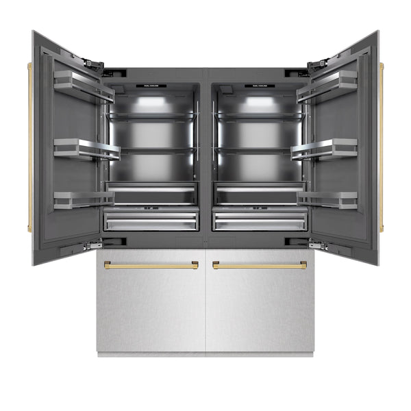 ZLINE Autograph Edition 60 in. 32.2 cu. ft. French Door Built-In Bottom Freezer Refrigerator with Water Dispenser and Ice Maker in DuraSnow® Stainless Steel with Graphite Gray Interior and Polished Gold Accents (GRBIVZ-SN-60-G)
