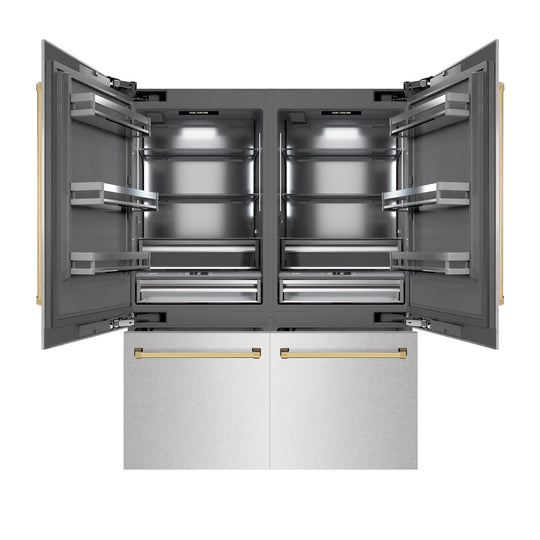 ZLINE Autograph Edition 60 in. 32.2 cu. ft. French Door Built-In Bottom Freezer Refrigerator with Water Dispenser and Ice Maker in Satin Stainless Steel with Graphite Gray Interior and Polished Gold Accents (GRBIVZ-SN-60-G)