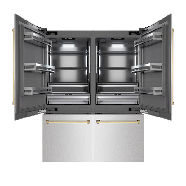 ZLINE Autograph Edition 60 in. 32.2 cu. ft. French Door Built-In Bottom Freezer Refrigerator with Water Dispenser and Ice Maker in DuraSnow® Stainless Steel with Graphite Gray Interior and Polished Gold Accents (GRBIVZ-SN-60-G)
