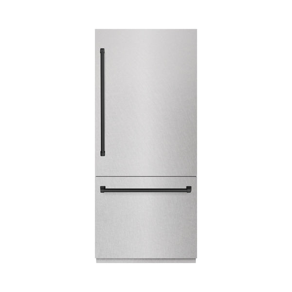 ZLINE Autograph Edition 36 in. 19.8 cu. ft. Built-In Bottom Freezer Refrigerator with Water Dispenser and Ice Maker in DuraSnow® Stainless Steel and Matte Black Accents (RBITZ-SN-36-MB)