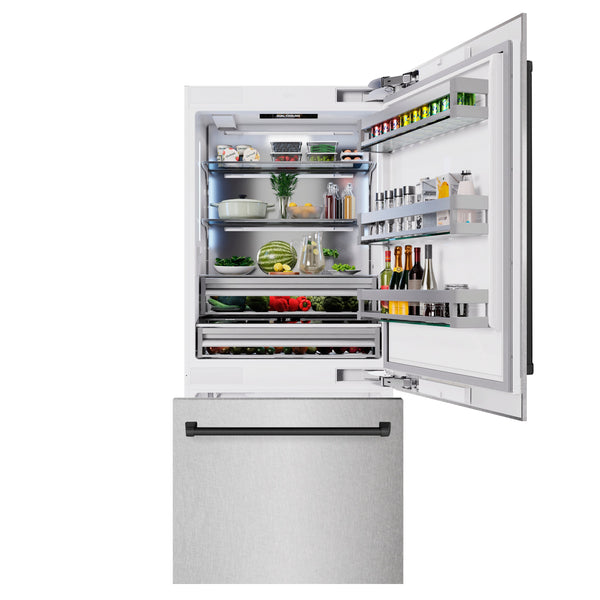 ZLINE Autograph Edition 36 in. 19.8 cu. ft. Built-In Bottom Freezer Refrigerator with Water Dispenser and Ice Maker in DuraSnow® Stainless Steel and Matte Black Accents (RBITZ-SN-36-MB)