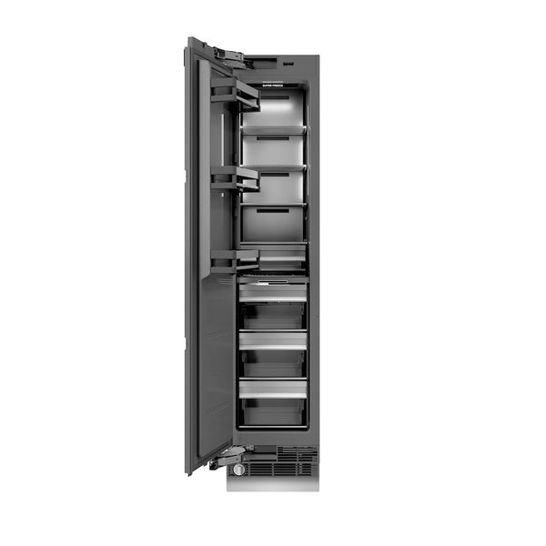 ZLINE 18 in. 8.6 cu. ft. Panel Ready Left Hinge Column Freezer with Graphite Gray Interior (RBCFVL-18) front, open.
