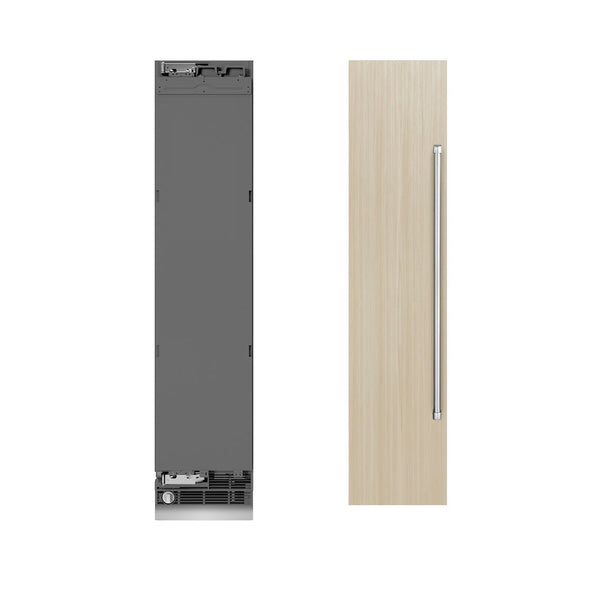 ZLINE 18 in. 8.6 cu. ft. Panel Ready Left Hinge Column Freezer with Graphite Gray Interior (RBCFVL-18) front, next to custom panels and handles.