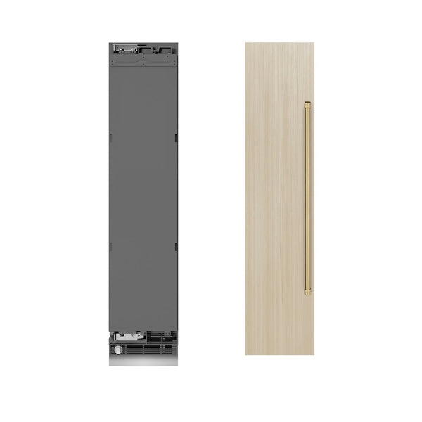 ZLINE Autograph Edition 18 in. 8.6 cu. ft. Panel Ready Left Hinge Column Freezer with Graphite Gray Interior and Champagne Bronze Accents (RBCFVLZ-18-CB) front, next to custom panels and handles.