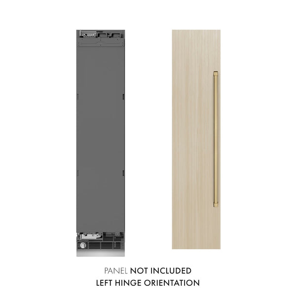 ZLINE Autograph Edition 18 in. 8.6 cu. ft. Panel Ready Left Hinge Column Freezer with Graphite Gray Interior and Champagne Bronze Accents (RBCFVLZ-18-CB) front, next to custom panel and handle. Text: Panel not included. Left hinge orientation.