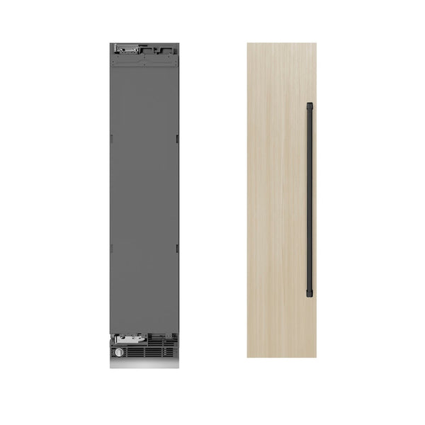 ZLINE Autograph Edition 18 in. 8.6 cu. ft. Panel Ready Left Hinge Column Freezer with Graphite Gray Interior and Matte Black Accents (RBCFVLZ-18-MB) front, next to custom panels and handles.