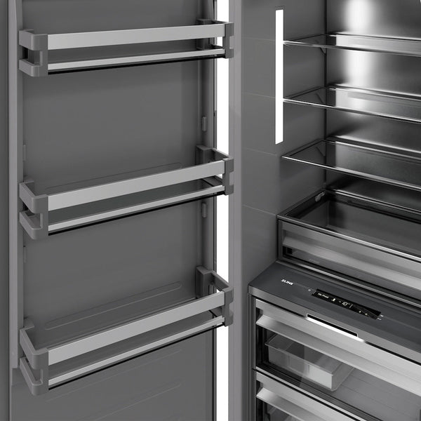 ZLINE 18 in. 8.6 cu. ft. Panel Ready Right Hinge Column Freezer with Graphite Gray Interior (RBCFVR-18) close-up detail, interior with door open.