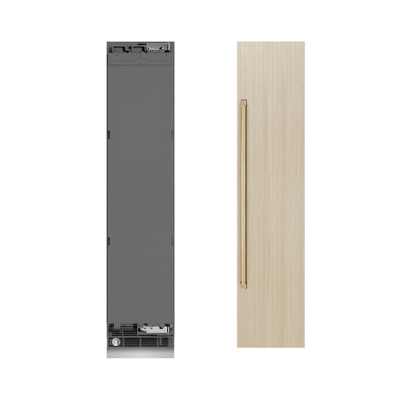 ZLINE Autograph Edition 18 in. 8.6 cu. ft. Panel Ready Right Hinge Column Freezer with Graphite Gray Interior and Polished Gold Accents (RBCFVRZ-18-G) front, next to custom panels and handles.