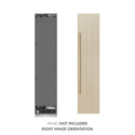 ZLINE Autograph Edition 18 in. 8.6 cu. ft. Panel Ready Right Hinge Column Freezer with Graphite Gray Interior and Polished Gold Accents (RBCFVRZ-18-G) front, next to custom panel and handle. Text: Panel not included. Right hinge orientation.