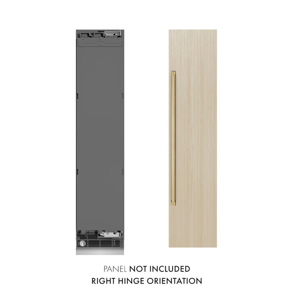 ZLINE Autograph Edition 18 in. 8.6 cu. ft. Panel Ready Right Hinge Column Freezer with Graphite Gray Interior and Polished Gold Accents (RBCFVRZ-18-G) front, next to custom panel and handle. Text: Panel not included. Right hinge orientation.