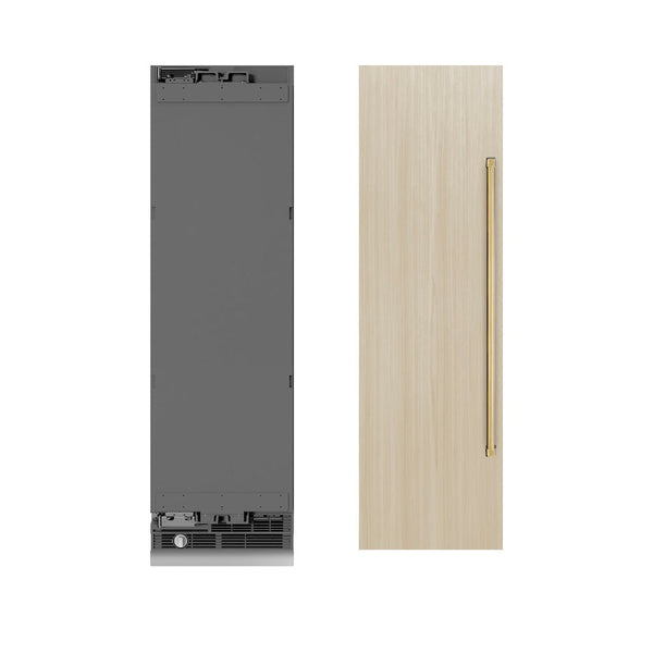 ZLINE Autograph Edition 24 in. 12.4 cu. ft. Panel Ready Column Freezer with Graphite Gray Interior and Polished Gold Accents (RBCFVZ-24-G) front, next to custom panels and handles.