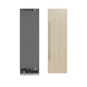 ZLINE 24 in. 12.5 cu. ft. Panel Ready Column Refrigerator with Graphite Gray Interior (RBCRV-24) front, closed, next to custom panel with handle attached.