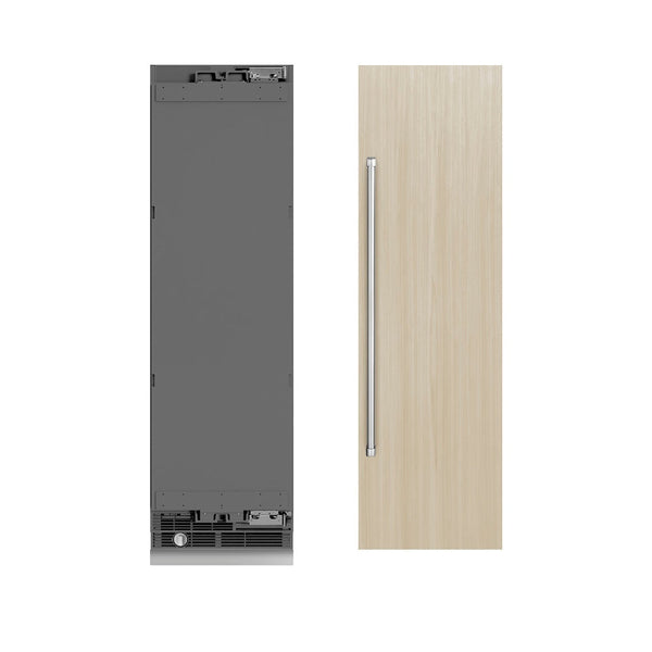 ZLINE 24 in. 12.5 cu. ft. Panel Ready Column Refrigerator with Graphite Gray Interior (RBCRV-24) front, closed, next to custom panel with handle attached.