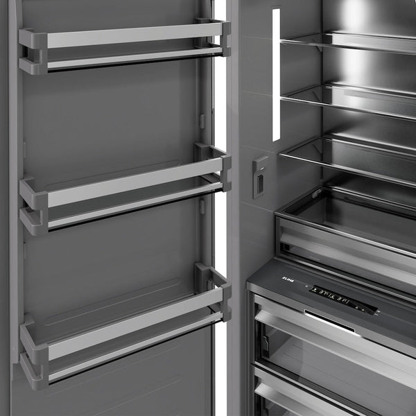 ZLINE 30 in. 16.7 cu. ft. Panel Ready Column Refrigerator with Graphite Gray Interior (RBCRV-30) close-up detail, door open.