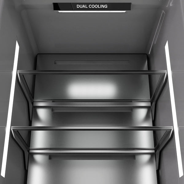ZLINE 30 in. 16.7 cu. ft. Panel Ready Column Refrigerator with Graphite Gray Interior (RBCRV-30) close-up detail, illuminated interior.