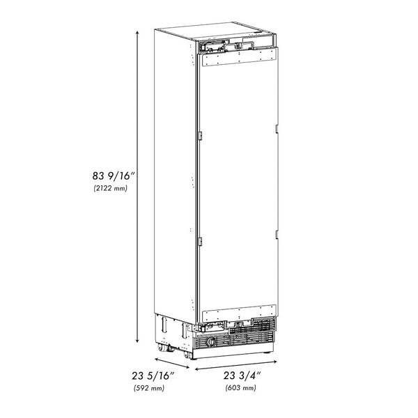 ZLINE Autograph Edition 24 in. 12.5 cu. ft. Panel Ready Column Refrigerator with Graphite Gray Interior and Champagne Bronze Accents (RBCRVZ-24-CB) dimensional diagram.