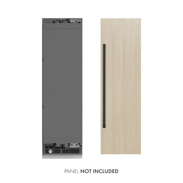 ZLINE Autograph Edition 24 in. 12.5 cu. ft. Panel Ready Column Refrigerator with Graphite Gray Interior and Matte Black Accents (RBCRVZ-24-MB) front, closed, next to custom panel. Text: Panel not included.