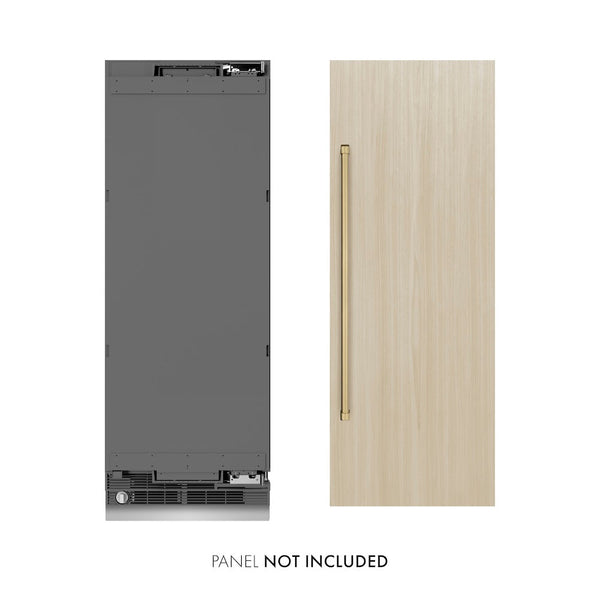 ZLINE Autograph Edition 30 in. 16.7 cu. ft. Panel Ready Column Refrigerator with Graphite Gray Interior and Champagne Bronze Accents (RBCRVZ-30-CB) front, closed, next to custom panel. Text: Panel not included.