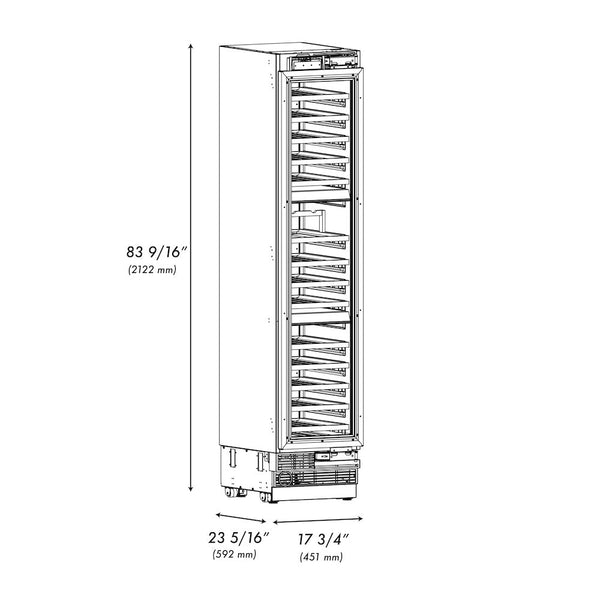 ZLINE Autograph Edition 18 in. 9.0 cu. ft. Triple Zone 68 Bottle Panel Ready Left Hinge Column Wine Cooler with Matte Black Accents (RBCWVLZ-18-MB) dimensional diagram.