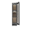 ZLINE 18 in. 9.0 cu. ft. Triple Zone 68 Bottle Panel Ready Right Hinge Column Wine Cooler (RBCWVR-18) front, open, with wine on racks.