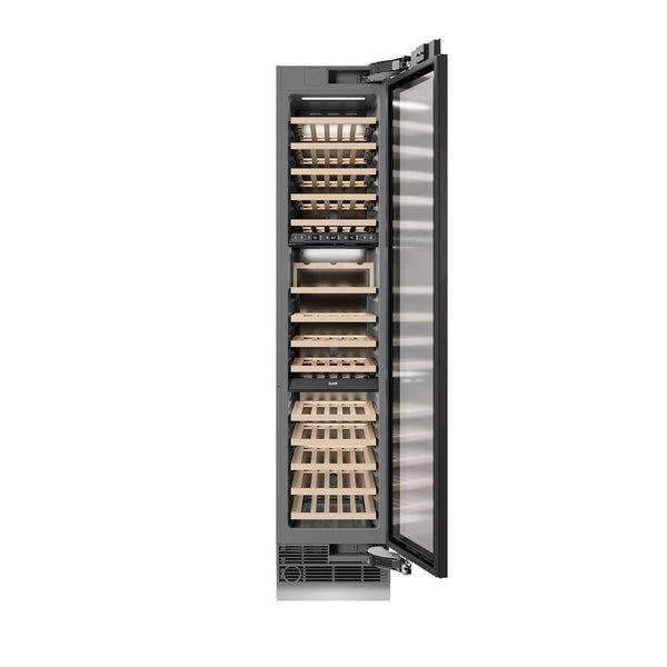 ZLINE 18 in. 9.0 cu. ft. Triple Zone 68 Bottle Panel Ready Right Hinge Column Wine Cooler (RBCWVR-18) front, open.