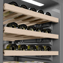 ZLINE Autograph Edition 18 in. 9.0 cu. ft. Triple Zone 68 Bottle Panel Ready Right Hinge Column Wine Cooler with Polished Gold Accents (RBCWVRZ-18-G) close-up detail, gray interior.