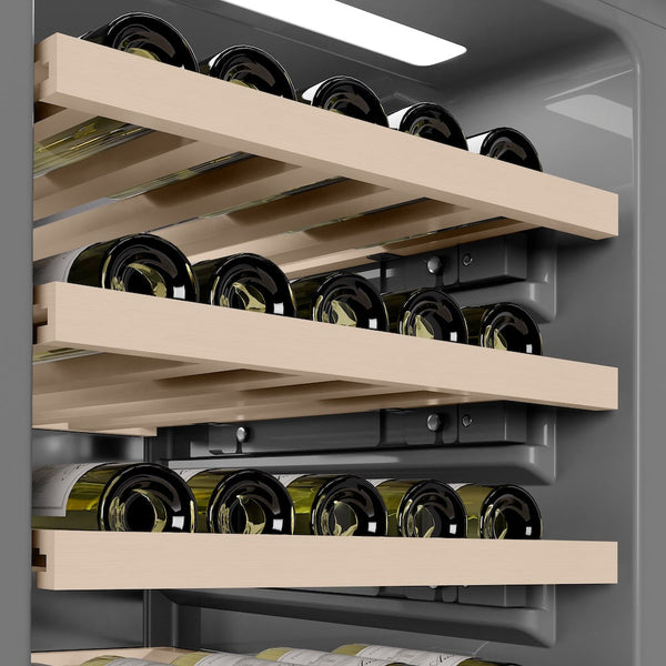 ZLINE Autograph Edition 18 in. 9.0 cu. ft. Triple Zone 68 Bottle Panel Ready Right Hinge Column Wine Cooler with Polished Gold Accents (RBCWVRZ-18-G) close-up detail, gray interior.
