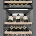 ZLINE Autograph Edition 18 in. 9.0 cu. ft. Triple Zone 68 Bottle Panel Ready Right Hinge Column Wine Cooler with Polished Gold Accents (RBCWVRZ-18-G) close-up detail, wine storage.