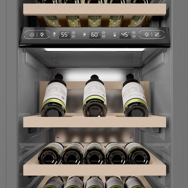 ZLINE Autograph Edition 18 in. 9.0 cu. ft. Triple Zone 68 Bottle Panel Ready Right Hinge Column Wine Cooler with Polished Gold Accents (RBCWVRZ-18-G) close-up detail, wine storage.