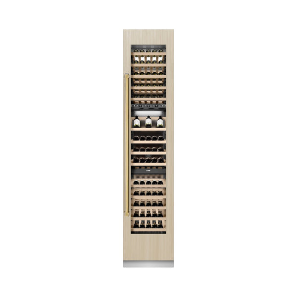 ZLINE Autograph Edition 18 in. 9.0 cu. ft. Triple Zone 68 Bottle Panel Ready Right Hinge Column Wine Cooler with Polished Gold Accents (RBCWVRZ-18-G) front, closed, with custom panel.