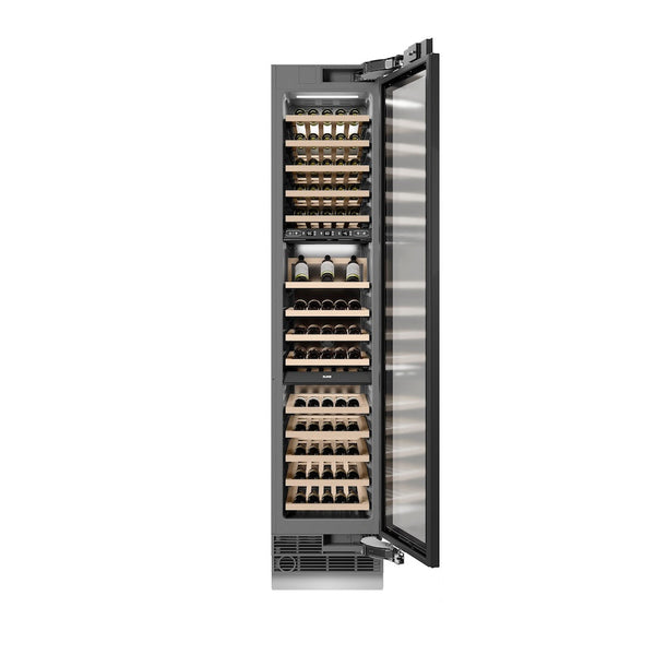 ZLINE Autograph Edition 18 in. 9.0 cu. ft. Triple Zone 68 Bottle Panel Ready Right Hinge Column Wine Cooler with Polished Gold Accents (RBCWVRZ-18-G) front, open, with wine on racks.