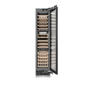 ZLINE Autograph Edition 18 in. 9.0 cu. ft. Triple Zone 68 Bottle Panel Ready Right Hinge Column Wine Cooler with Polished Gold Accents (RBCWVRZ-18-G) front, open.