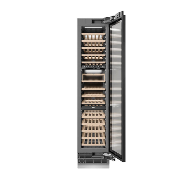 ZLINE Autograph Edition 18 in. 9.0 cu. ft. Triple Zone 68 Bottle Panel Ready Right Hinge Column Wine Cooler with Polished Gold Accents (RBCWVRZ-18-G) front, open.