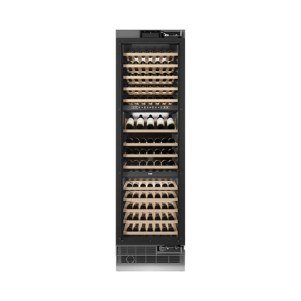 ZLINE Autograph Edition 24 in. 12.4 cu. ft. Triple Zone 100 Bottle Panel Ready Column Wine Cooler with Polished Gold Accents (RBCWVZ-24-G) front, closed, with wine on racks.