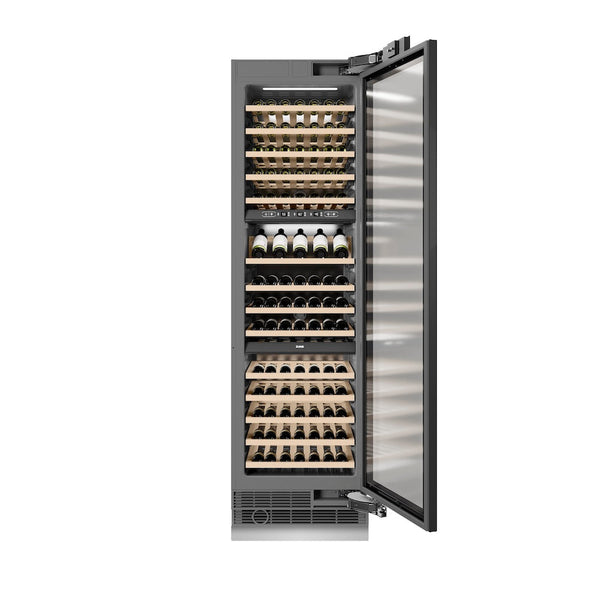 ZLINE Autograph Edition 24 in. 12.4 cu. ft. Triple Zone 100 Bottle Panel Ready Column Wine Cooler with Polished Gold Accents (RBCWVZ-24-G) front, open, with wine on racks.