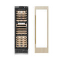 ZLINE Autograph Edition 24 in. 12.4 cu. ft. Triple Zone 100 Bottle Panel Ready Column Wine Cooler with Polished Gold Accents (RBCWVZ-24-G) front, closed, next to custom panel with handle attached.