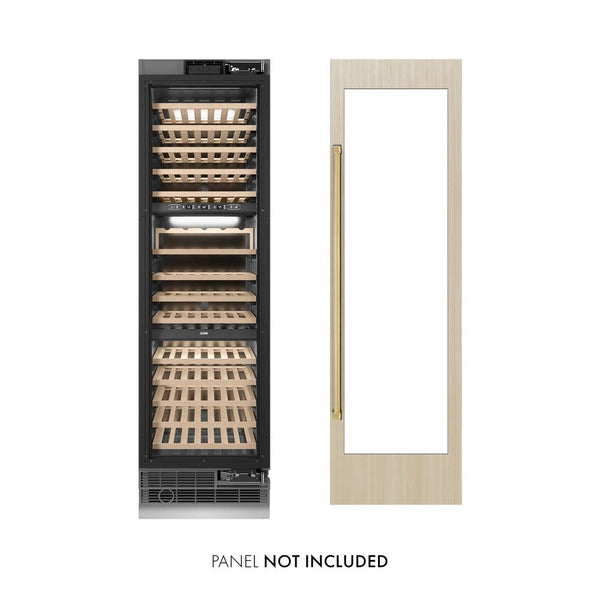 ZLINE Autograph Edition 24 in. 12.4 cu. ft. Triple Zone 100 Bottle Panel Ready Column Wine Cooler with Polished Gold Accents (RBCWVZ-24-G) front, closed, next to custom panel. Text: Panel not included.