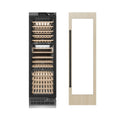 ZLINE Autograph Edition 24 in. 12.4 cu. ft. Triple Zone 100 Bottle Panel Ready Column Wine Cooler with Matte Black Accents (RBCWVZ-24-MB) front, closed, next to custom panel with handle attached.