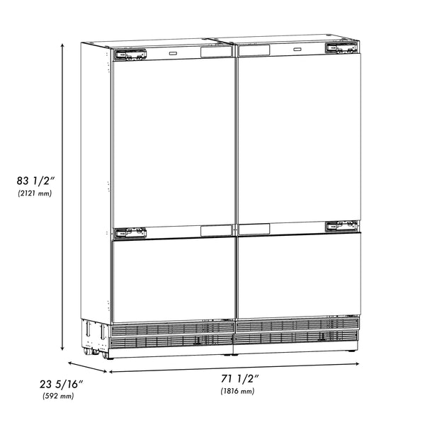 ZLINE Autograph Edition 72 in. 39.6 cu. ft. Panel Ready French Door Built-In Bottom Freezer Refrigerator with Water Dispensers and Ice Makers and Polished Gold Accents (RBITZ-72-G)