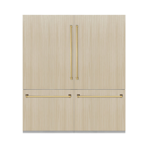 ZLINE Autograph Edition 72 in. 39.6 cu. ft. Panel Ready French Door Built-In Bottom Freezer Refrigerator with Water Dispensers and Ice Makers and Polished Gold Accents (RBITZ-72-G)