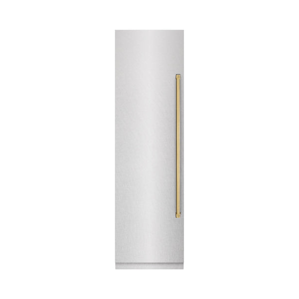 ZLINE Autograph Edition 24 in. 12.4 cu. ft. Column Freezer in Satin Stainless Steel with Graphite Gray Interior and Polished Gold Accents (RCFVZ-SN-24-G)