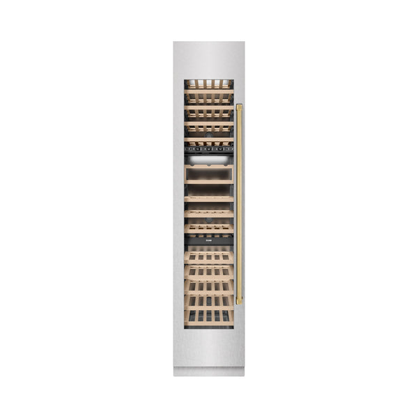 ZLINE Autograph Edition 18 in. 9.0 cu. ft. Triple Zone 68 Bottle Left Hinge Column Wine Cooler in Satin Stainless Steel with Polished Gold Accents (RCWVLZ-SN-18-G)